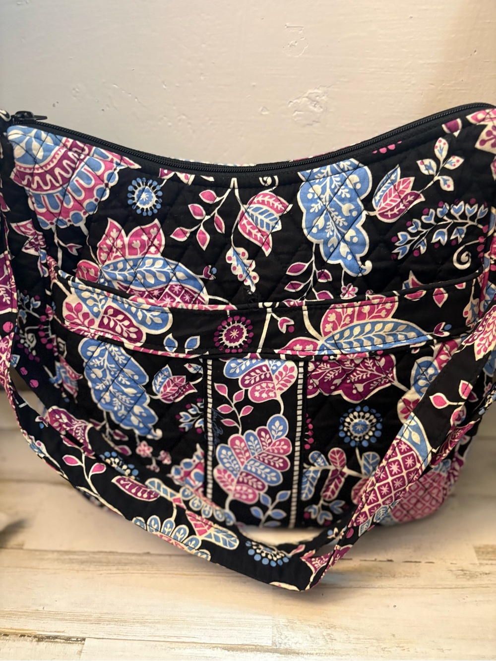 Vera Bradley Alpine Floral with pink blue flowers on a black background